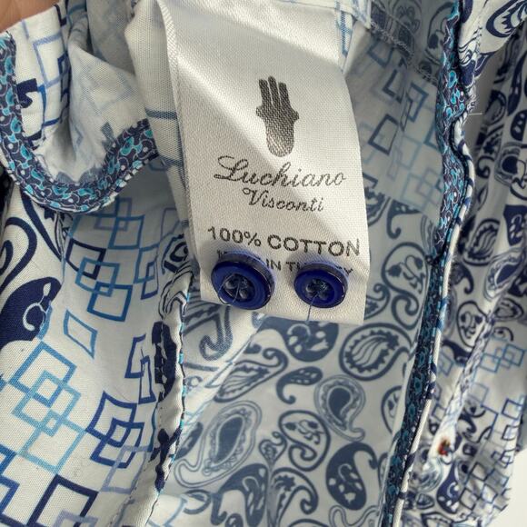 Luchiano Visconti Shirt Men's Medium Blue & White Paisley Geometric Print Luxury - Picture 7 of 11